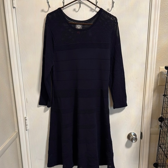 Vince Cameo Navy Blue Eyelet Pointelle Fit Flare Sweater Dress Size XL Excellent - Picture 1 of 12